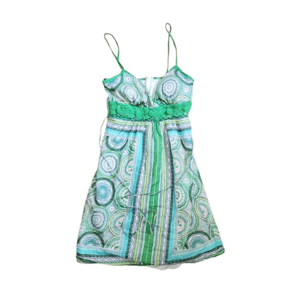 My Michelle Dress Juniors Size 3‎ Green Pink Geometric Crochet Detail Y2K Zip Up